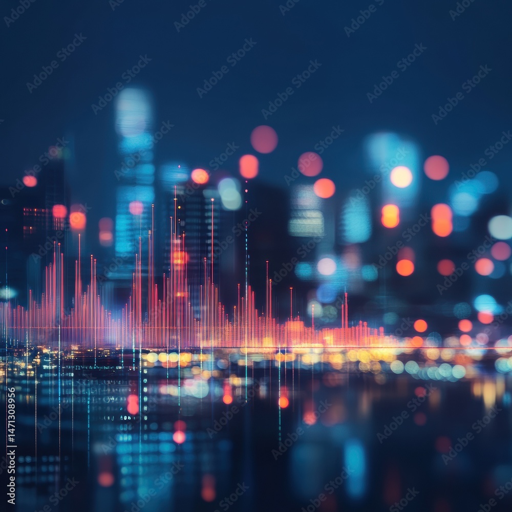 Poster Abstract Cityscape at Night with Data Visualization Overlay and Bokeh Lights Reflecting on Water