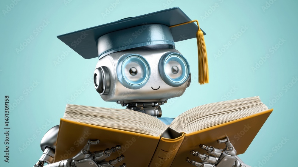 Poster robot student reading book wearing graduation cap close up on light blue background knowledge and le