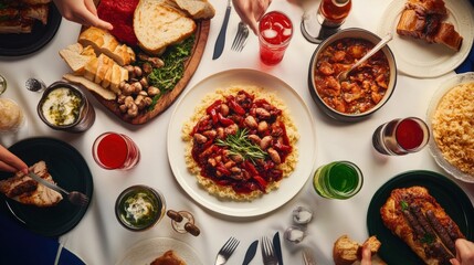 Vibrant Dinner Table Spread with Various Dishes and Drinks