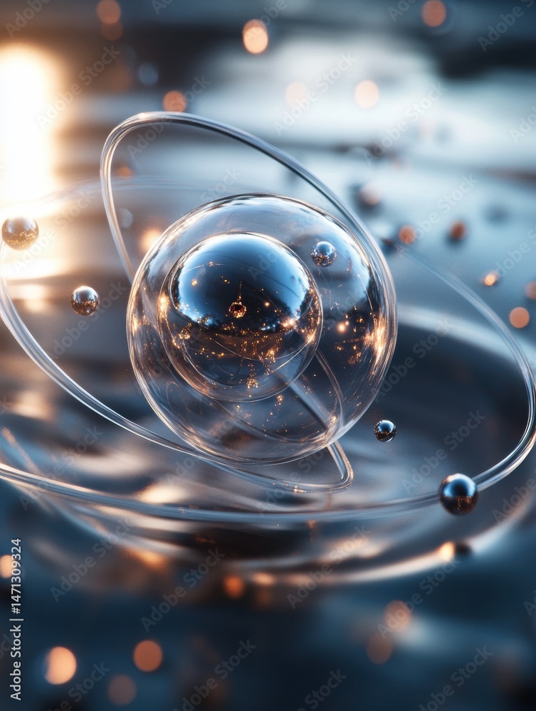 Poster abstract atom model close up shot with glass spheres and metal balls on blurred background concept o