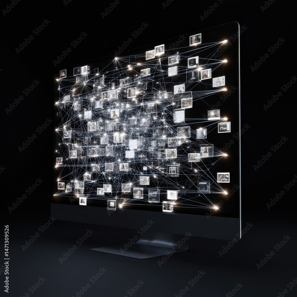Poster Computer Screen Displaying Complex Network of Images and Connections in a Futuristic Style on Black Background