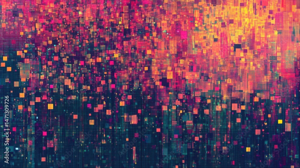 Poster Abstract Pixelated Mosaic of Colorful Squares and Rectangles in a Dynamic Composition from a Low Angle Perspective