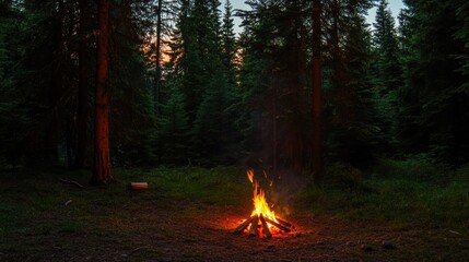 Tranquil Campfire Scene Amidst Majestic Pine Forest at Dusk