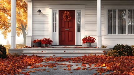 Autumn Home Entrance with Leaf-Strewn Path a Welcoming Sight House Exterior Door Way Wreath Flowers Fall Colors Trees Sunlit Scene