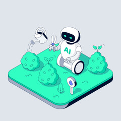 Autonomous Robot Gardener waters plants and trims Bushes. Smart Ai monitors soil moisture with sensors. Sustainable technology improves eco friendly garden maintenance. Isometric vector illustration