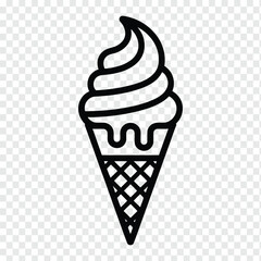 Simple black line icon of ice cream cone with waffle texture and swirl top on transparent background
