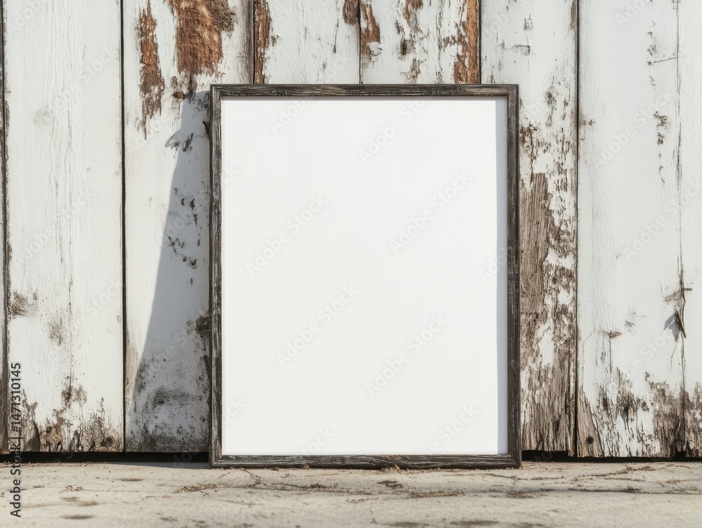 Aufkleber blank frame mockup stands against weathered white wooden wall in rustic style presentation template
