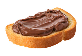 Chocolate cream spread on a bread slice, isolated on a white background
