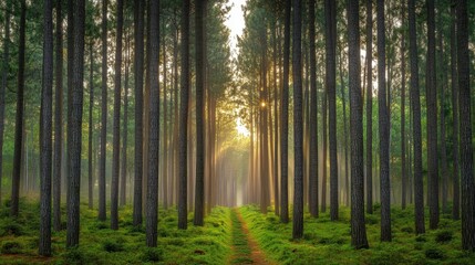 Serene Light Filtering Through Tall Trees in Enchanted Forest Path