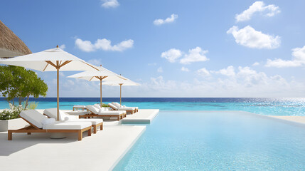 Luxurious infinity pool with sun loungers and umbrella overlooking the ocean