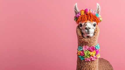 Naklejka premium A charming alpaca adorned with vibrant floral wreaths poses against a bright pink backdrop, radiating joy and whical beauty for creative projects.