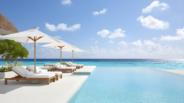 Luxurious infinity pool with sun loungers and umbrella overlooking the ocean