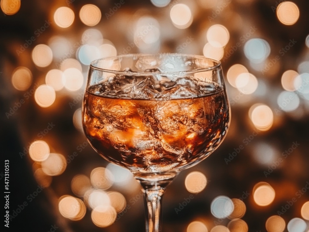 Aufkleber close up shot of a cocktail glass filled with ice and amber liquid against a bokeh background in a w