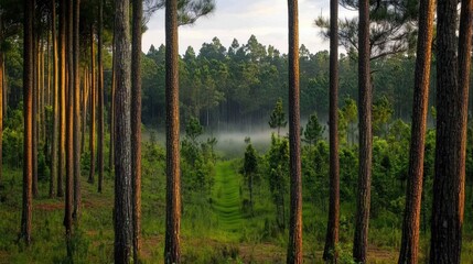 Serene Misty Forest Landscape with Tall Pine Trees and Greenery