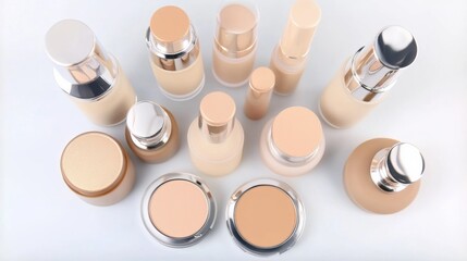 Assortment of Cosmetic Products in Various Containers on White Background
