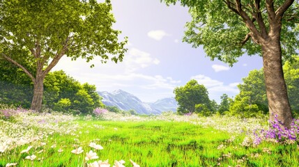 Lush Green Meadow with Trees and Mountains in Sunny Atmosphere