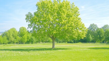 Fototapeta premium Lush Green Tree in Bright Sunny Field with Clear Blue Sky