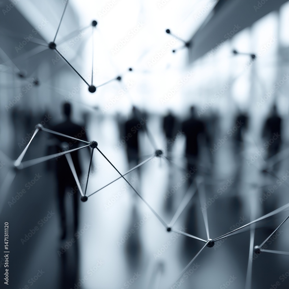 Aufkleber Abstract network connection with blurred crowd walking in modern building interior, conceptual visualization of data science, global communication, futuristic technology