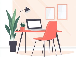 Modern Workspace with Laptop, Chair, Plant, and Desk Decoration