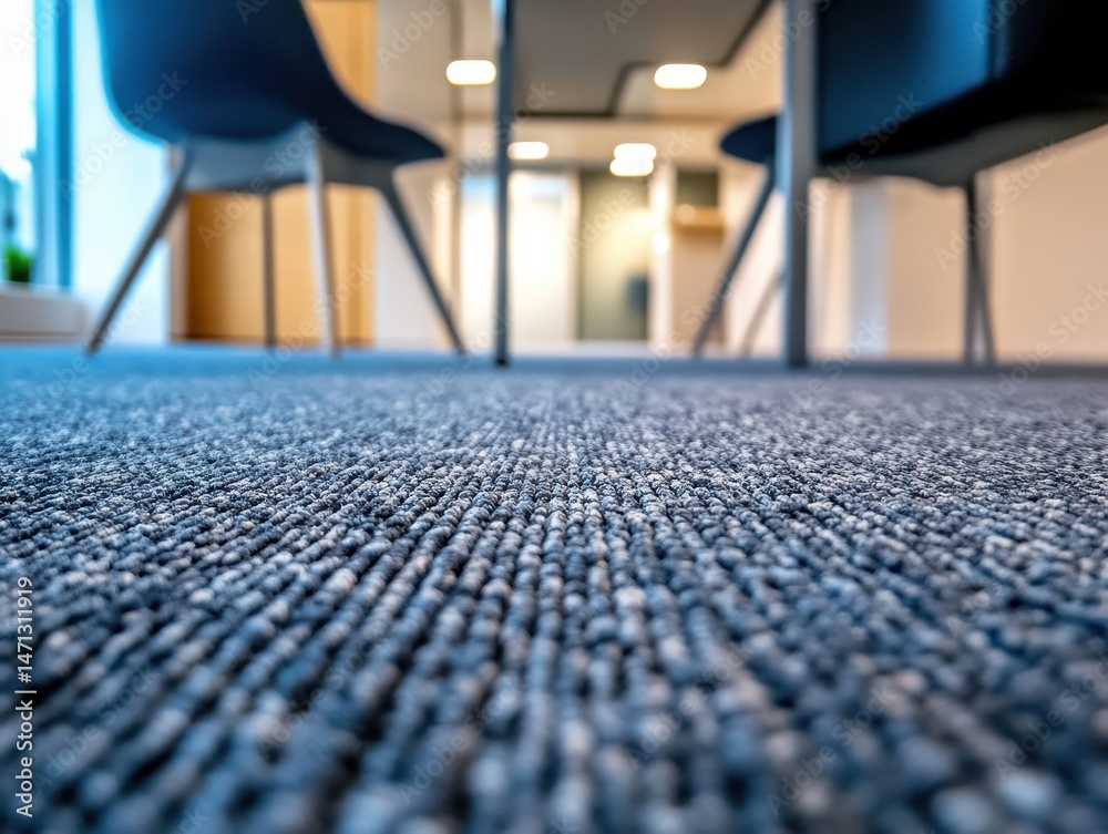 Poster close-up of blue carpet in modern office space with chairs and hallway view from low angle floor per