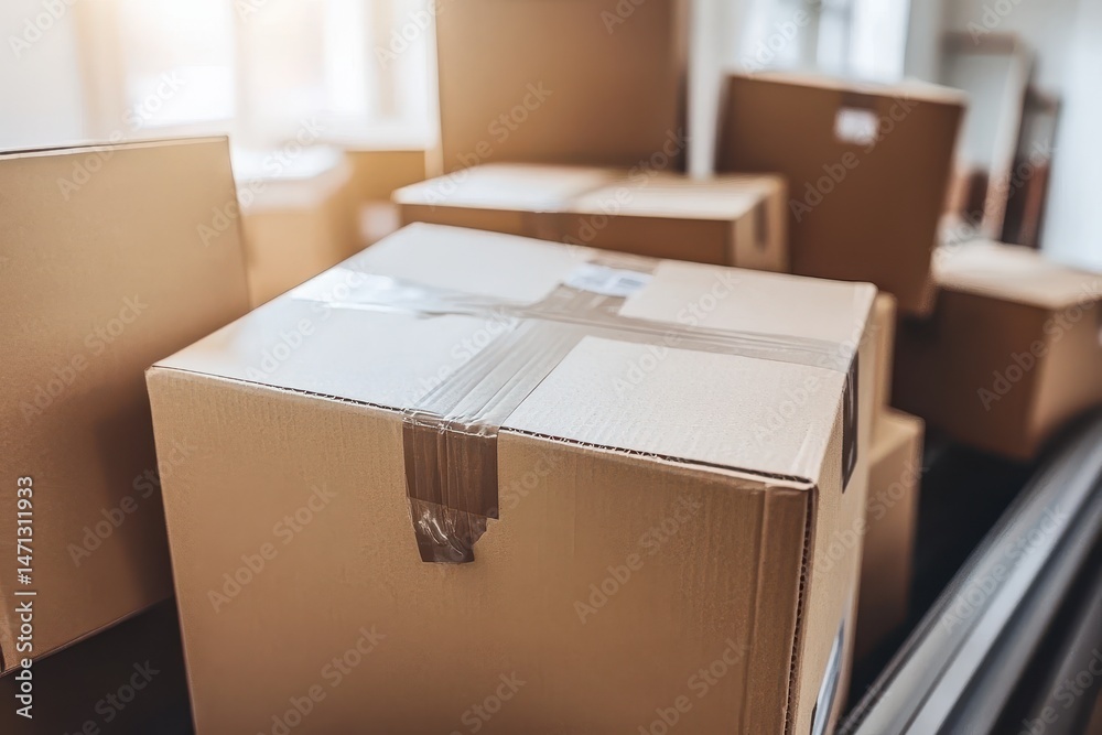 Poster stacked cardboard boxes ready for shipping in bright room; eye-level shot showcasing relocation and 