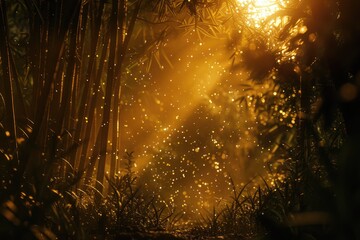 Obraz premium Golden light illuminating a mystical bamboo forest path.