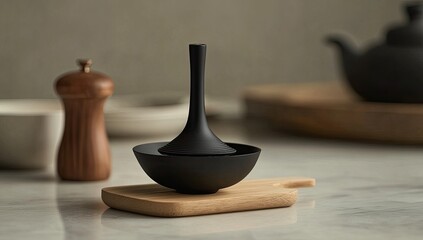 Black spinning top on wood