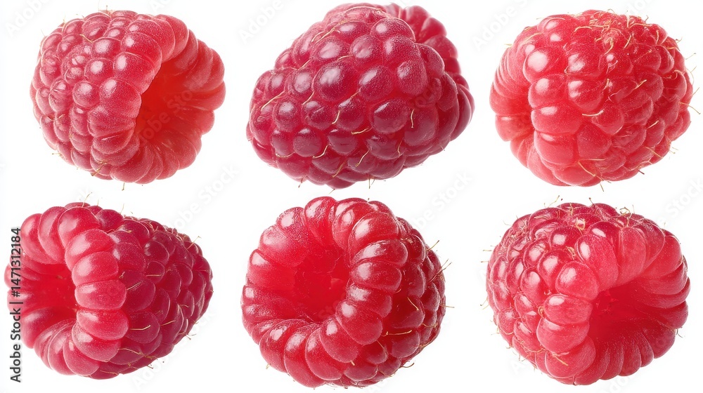 Poster six raspberries arranged on white background studio shot close up showing texture and detail of fres