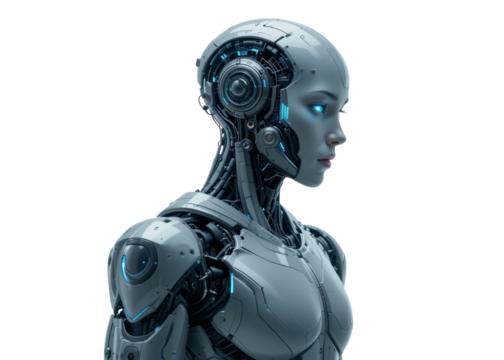 Female robot with glowing blue eyes and detailed mechanical body isolated on transparent background, AI, technology, future