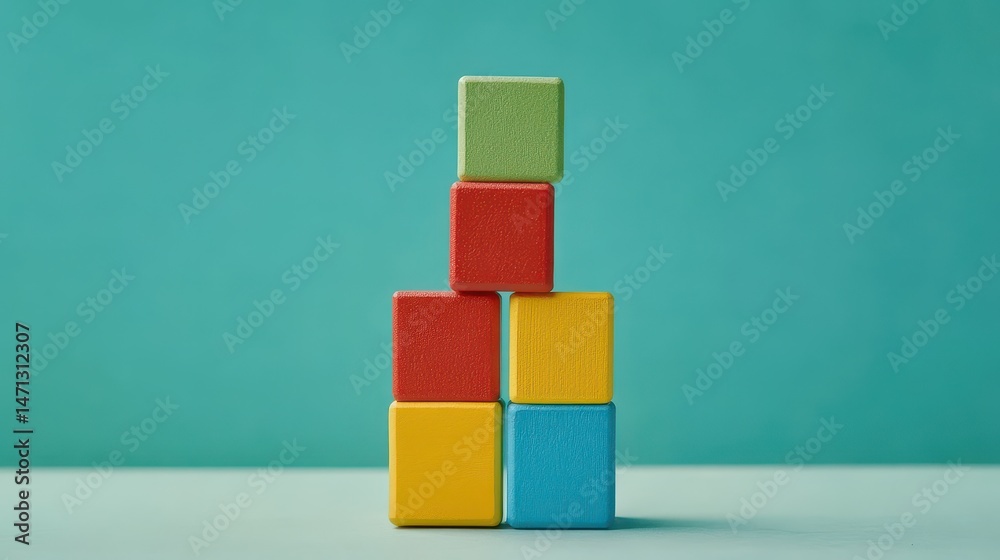 Poster stacked colorful wooden blocks arranged in pyramid shape against aqua background studio shot concept
