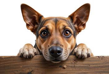 Obraz premium Close up of dog peeking over wooden fence, face and paws visible, isolated on transparent background. Curiosity, attention, animal.