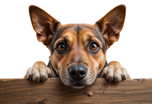 Close up of dog peeking over wooden fence, face and paws visible, isolated on transparent background. Curiosity, attention, animal.