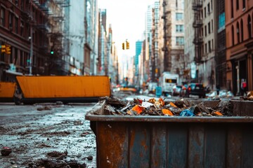 Low angle showing trash bin overflowing with debris on urban street in New York City with traffic and buildings