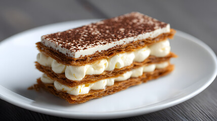 A gourmet mille-feuille pastry with layers of crispy puff pastry, piped vanilla cream. Napoleon cake