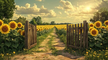 Obraz premium A rustic wooden gate opens to a sunflower field path under a dramatic sky.