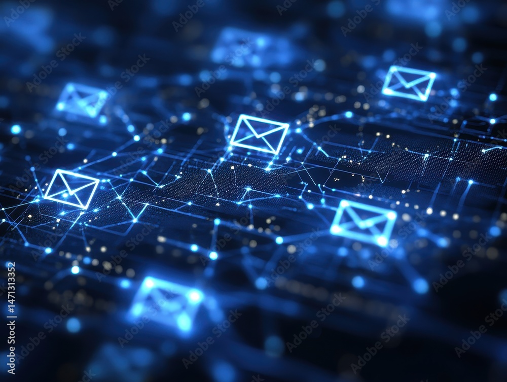 Poster Digital email communication network concept with glowing envelope icons on a blue circuit board background close up view futuristic design