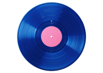 Blue vinyl record with pink label, isolated on transparent background, music, retro, vintage.