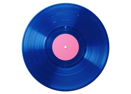 Blue vinyl record with pink label, isolated on transparent background, music, retro, vintage. - Powered by Adobe