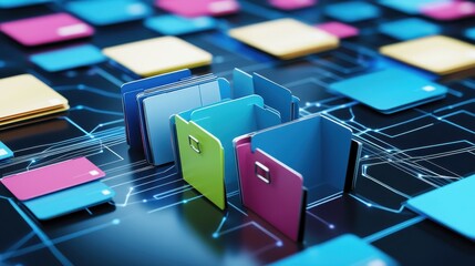 Colorful Folders on Circuit Board Illustrating Data Management and Digital Organization in a Modern Style