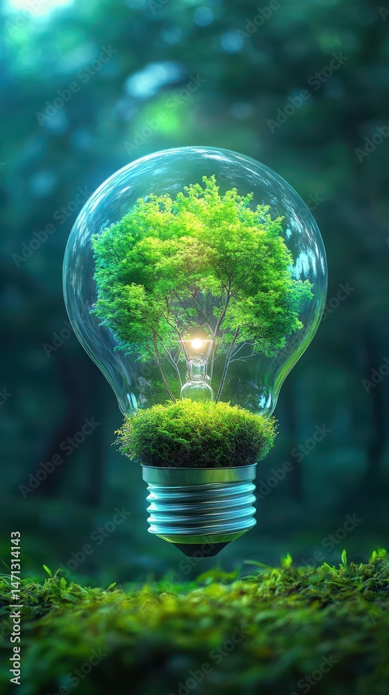 Aufkleber Lightbulb with Tree Inside Floating Above Mossy Ground in Forest Concept for Green Energy and Environmental Conservation