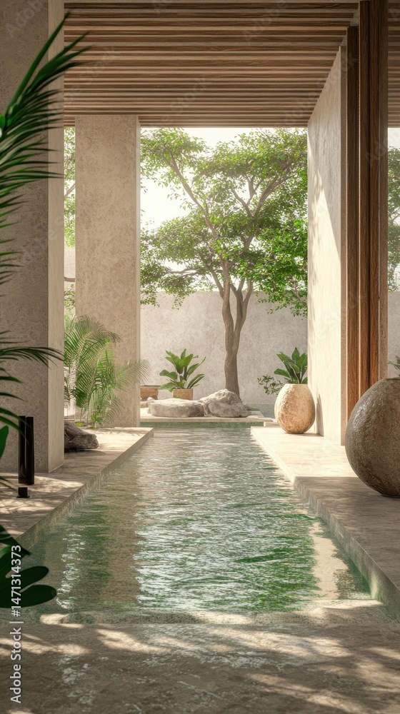 Poster serene zen garden with water feature and lush greenery tranquil architecture calm atmosphere peacefu