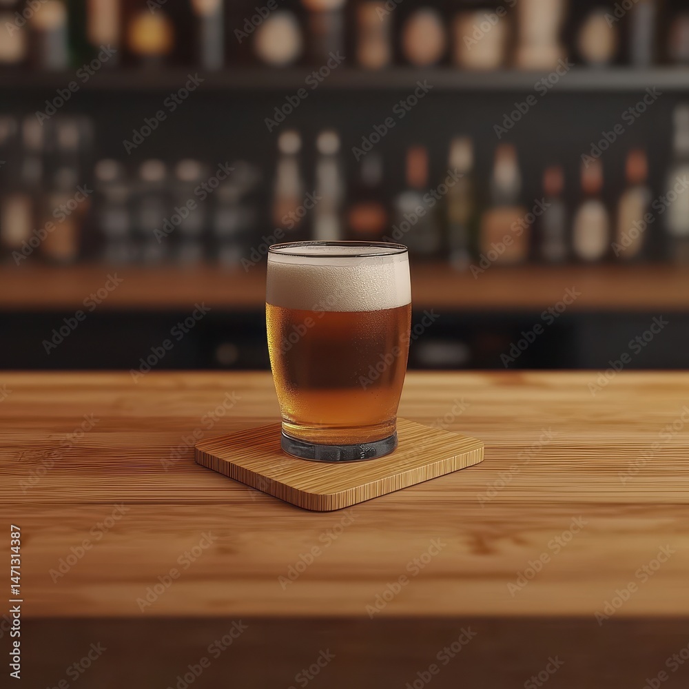 Aufkleber refreshing pint of beer on wooden bar top with blurred background of bottles and glasses in a pub se