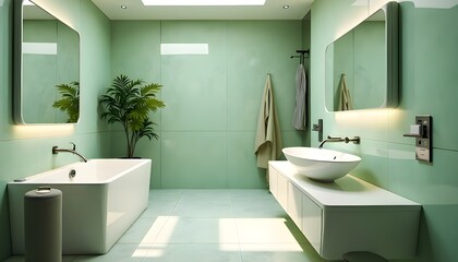 a refreshing and monochromatic bathroom bathed in a soft, pastel green hue, 