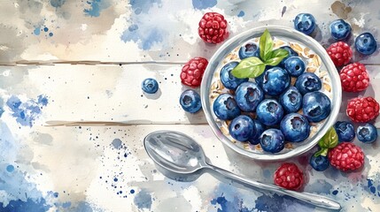 Watercolor illustration of fresh berries and oatmeal.