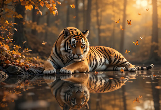 A majestic tiger rests by a reflective forest pond in autumn, surrounded by butterflies and golden leaves under soft sunlight.