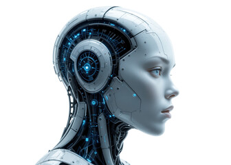 Futuristic robot head with female face and glowing blue lights, isolated on transparent background. Artificial Intelligence, Cybernetics, Future.