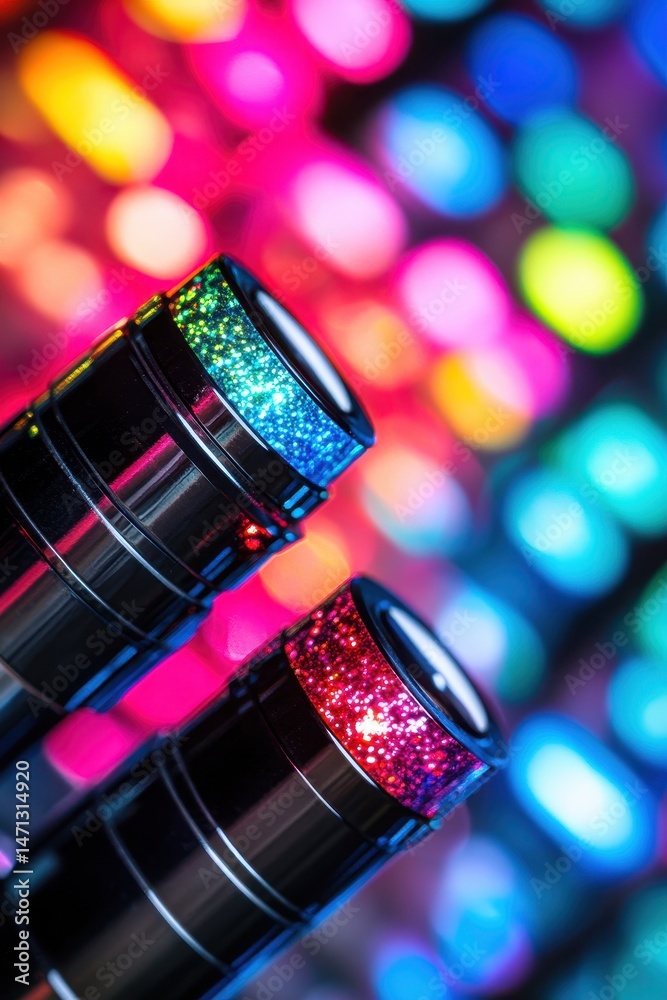 Aufkleber Close-up of two glittery black metal containers with colorful bokeh background at eye level in studio