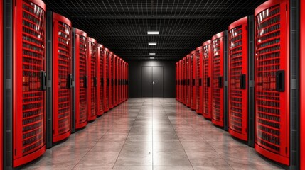 Modern Data Center Interior Rows of Red Server Racks in a Dark Room