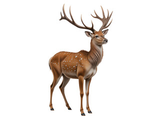 Fototapeta premium Spotted deer with large antlers standing, isolated on transparent background, animal, wildlife, nature.