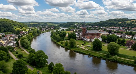 Obraz premium River Flowing Through Valley Town with Church and Lush Greenery